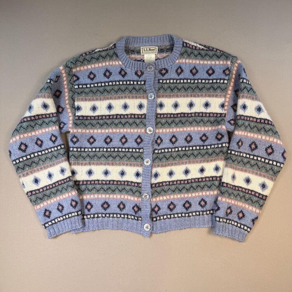 VTG L.L. Bean Fair Isle Cardigan Sweater Womens Medium Mohair Blend Made in USA